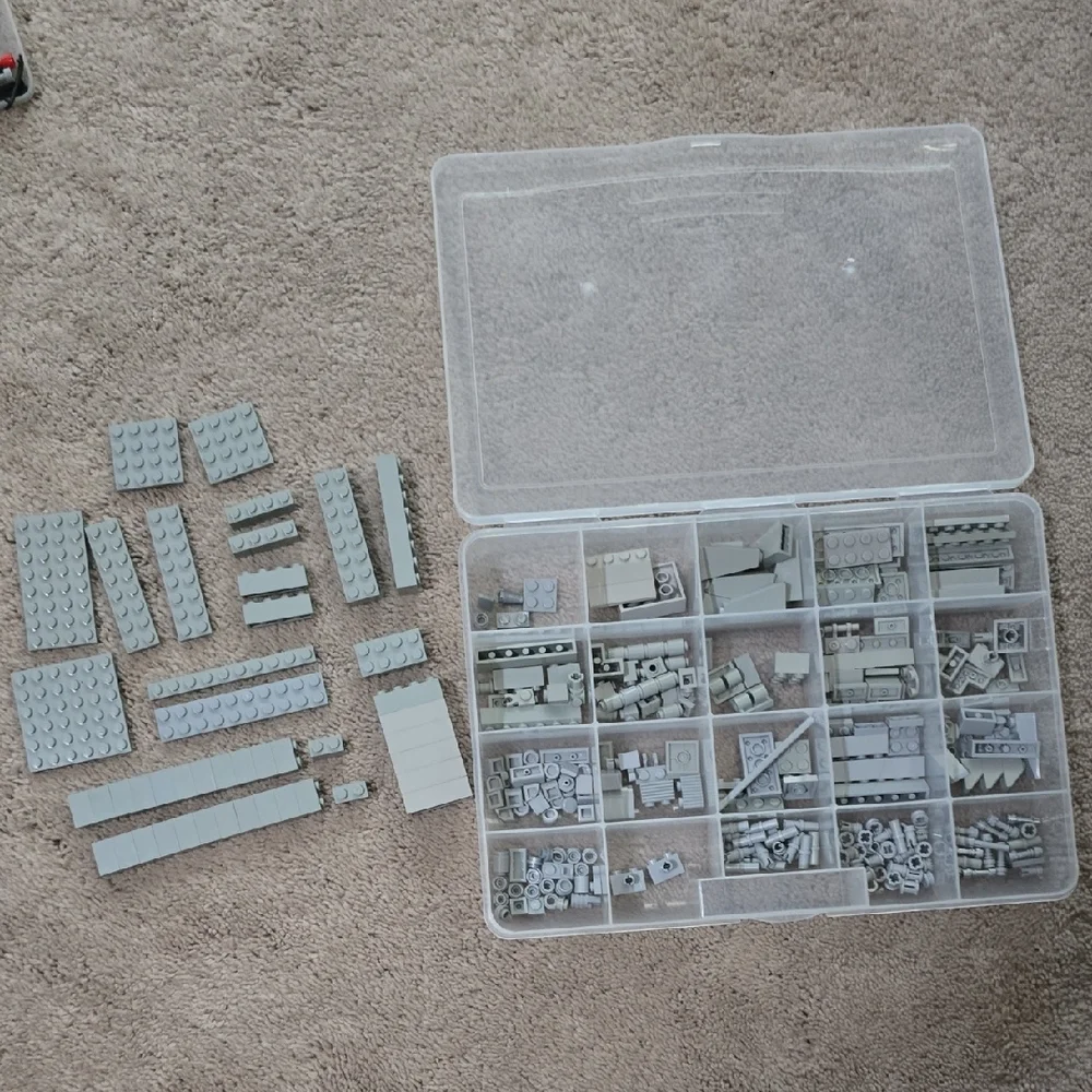 LEGO Various Light Gray Pieces and Parts with Plastic Storage Organizer